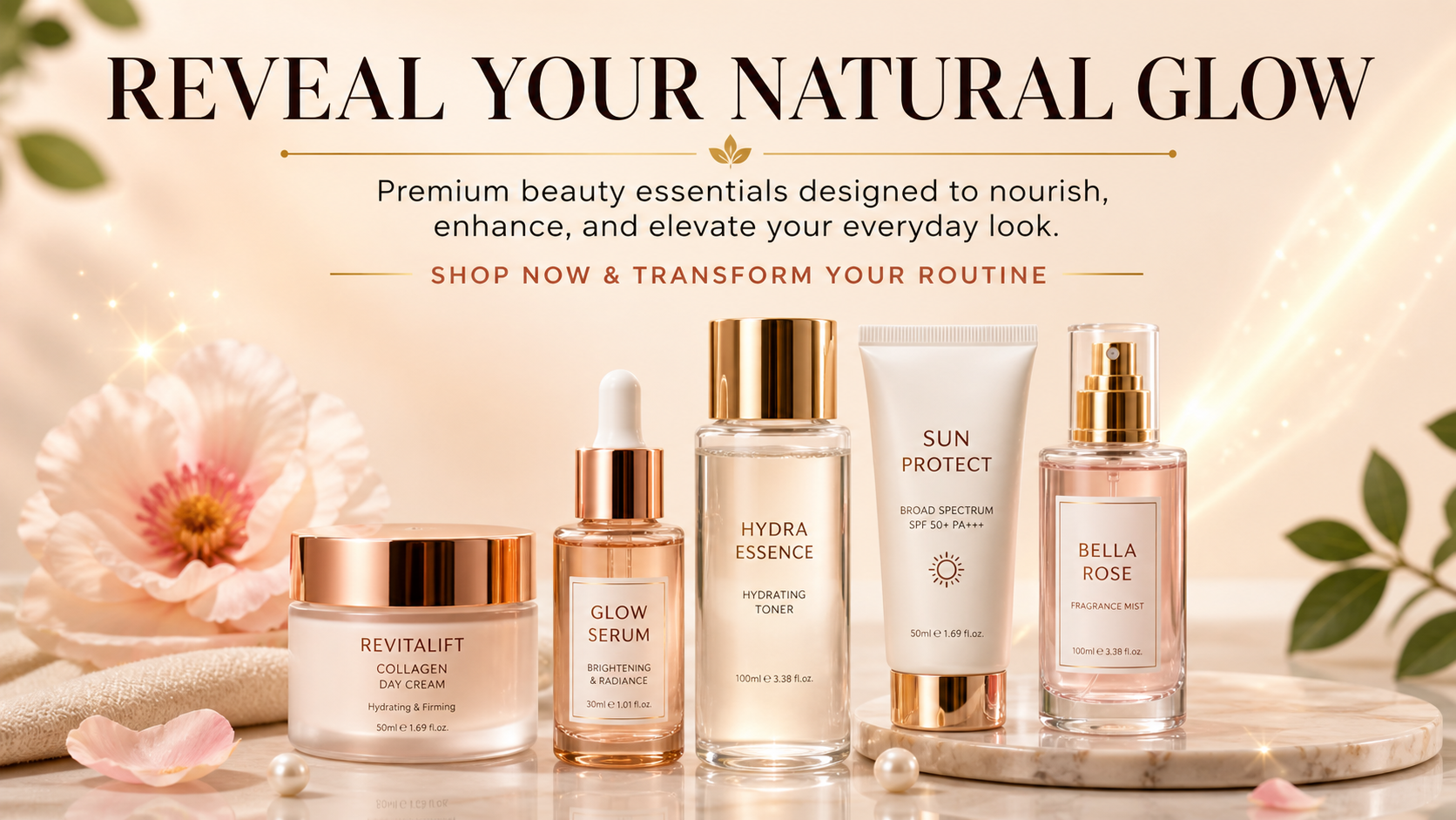 Cosmetic products with text 'Reveal Your Natural Glow' on a soft background