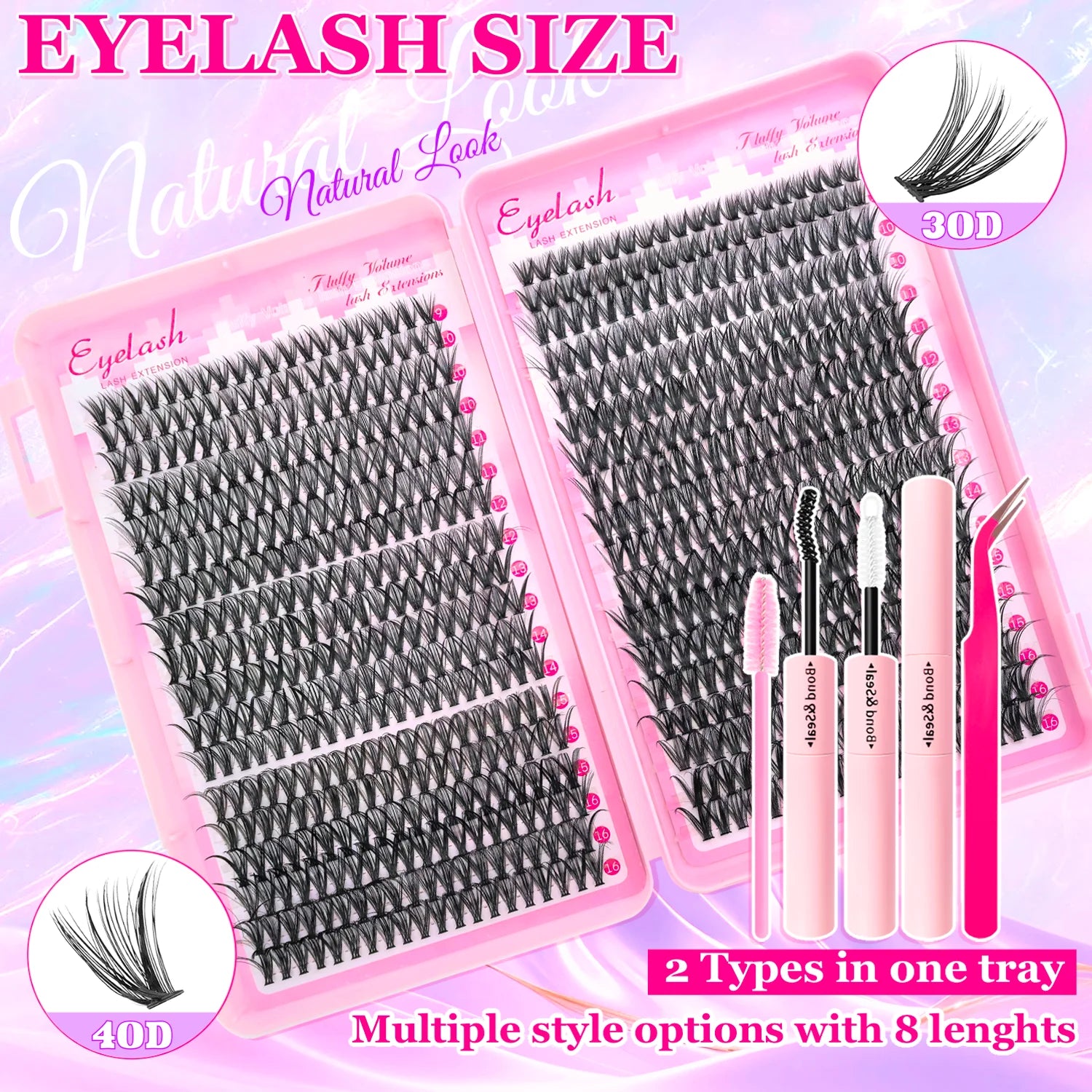 Eyelash Extension Kit with Lash Bond and Seal Lash Tweezers Thick Lash Clusters Wispy