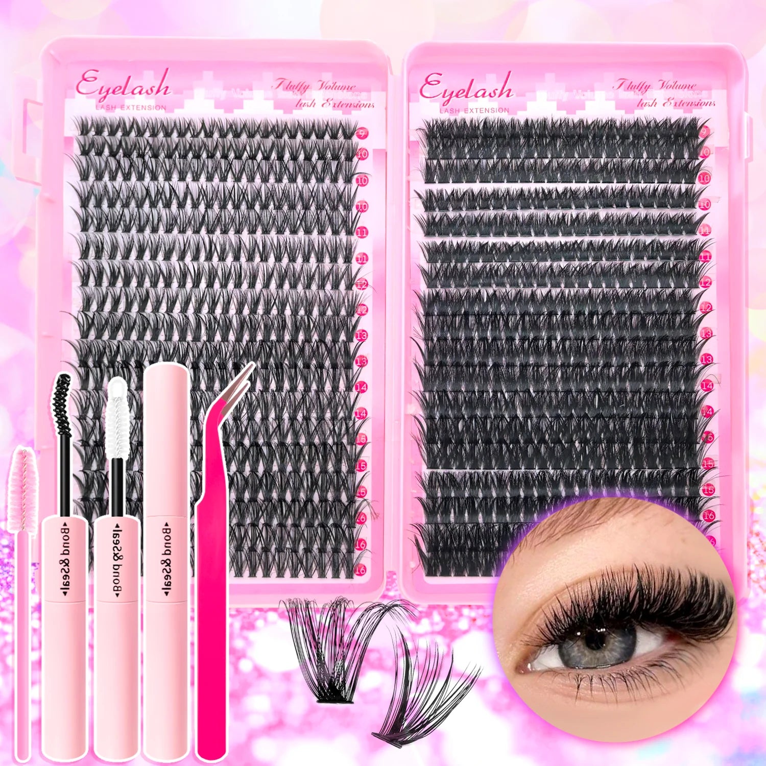 Eyelash Extension Kit with Lash Bond and Seal Lash Tweezers Thick Lash Clusters Wispy