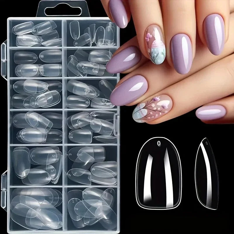 120 PCS transparent full coverage press-on nails set with lavender manicure design
