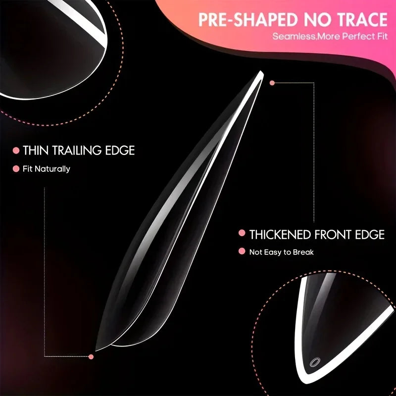 Transparent press-on nails with thin trailing edges and thickened front edges for a perfect fit.