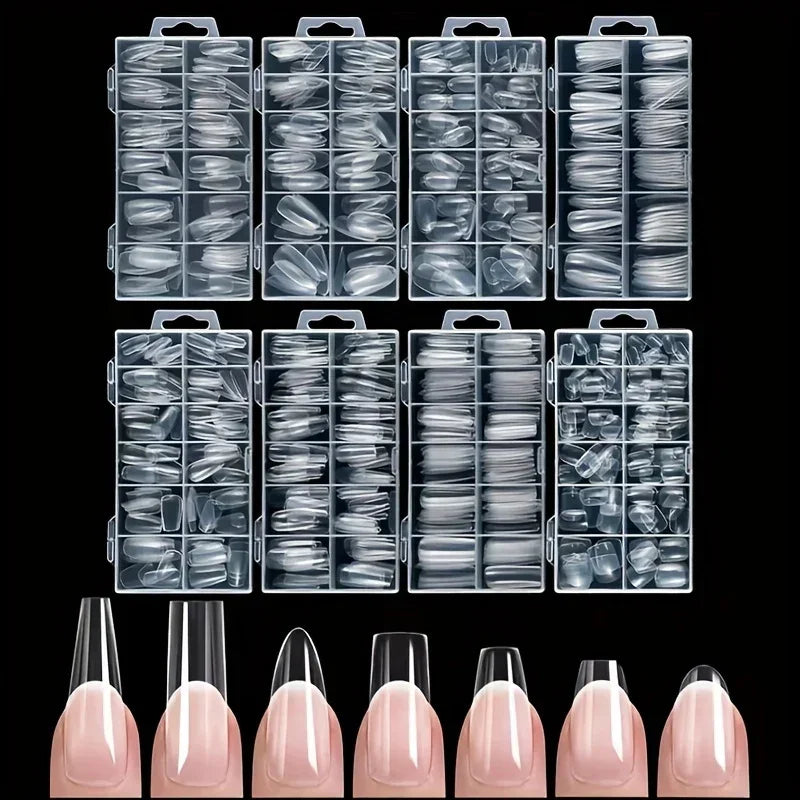 120 pieces of transparent full coverage press-on nails in organized storage boxes.