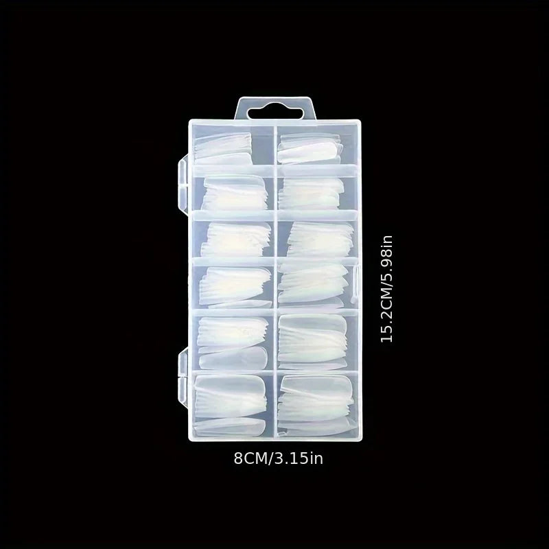 120 pieces of transparent full coverage press-on nails in a clear storage organizer box.