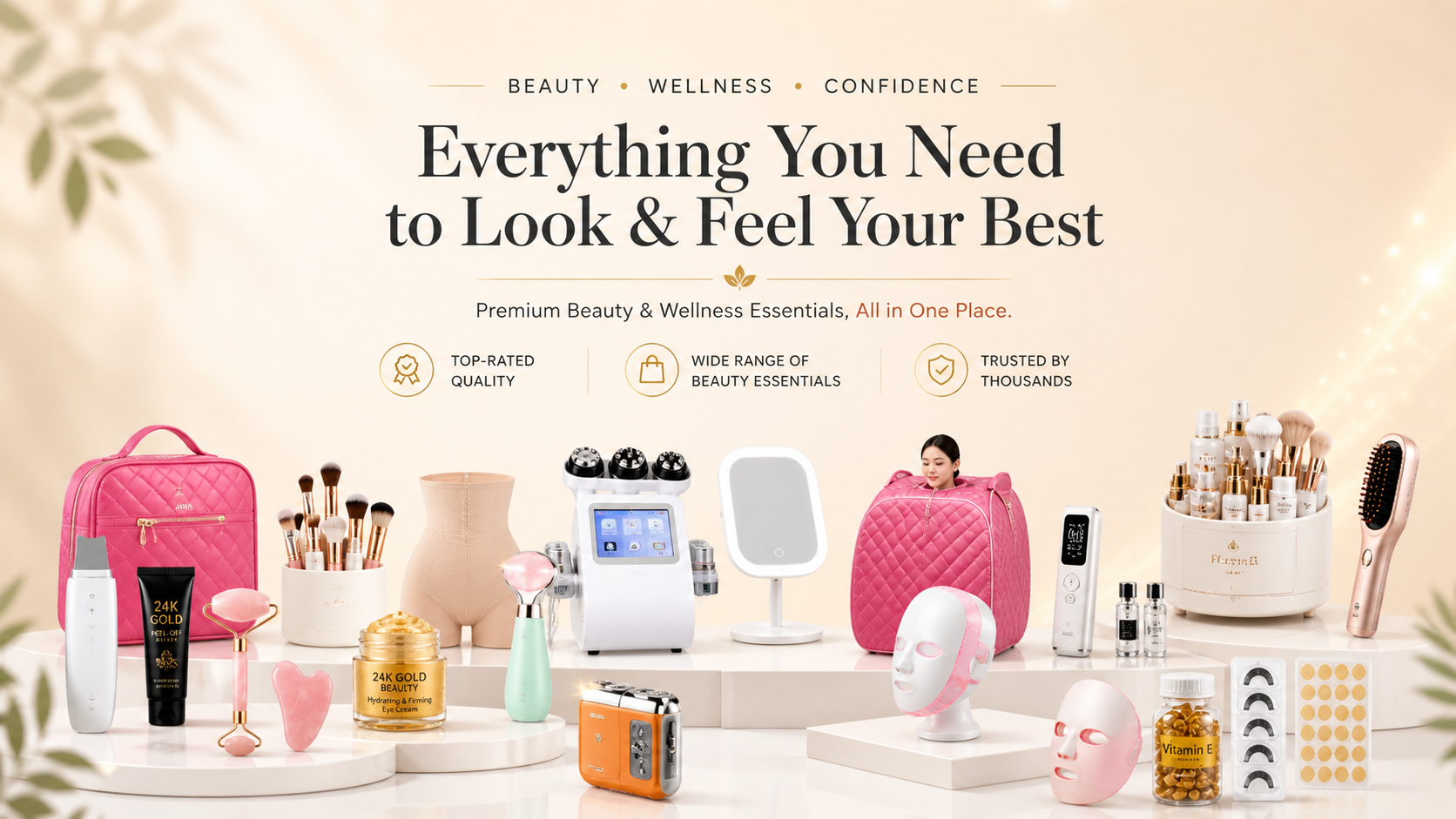 Collection of beauty and wellness products on a table with promotional text about quality and trustworthiness.
