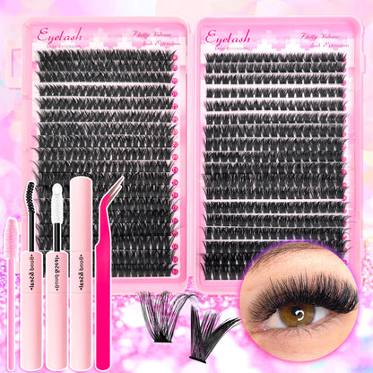 Eyelash Extension Kit with Lash Bond and Seal Lash Tweezers Thick Lash Clusters Wispy
