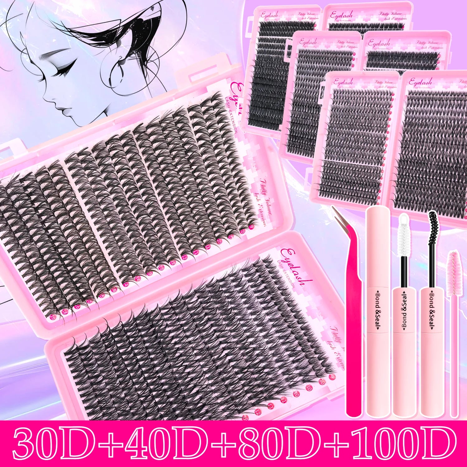Eyelash Extension Kit with Lash Bond and Seal Lash Tweezers Thick Lash Clusters Wispy
