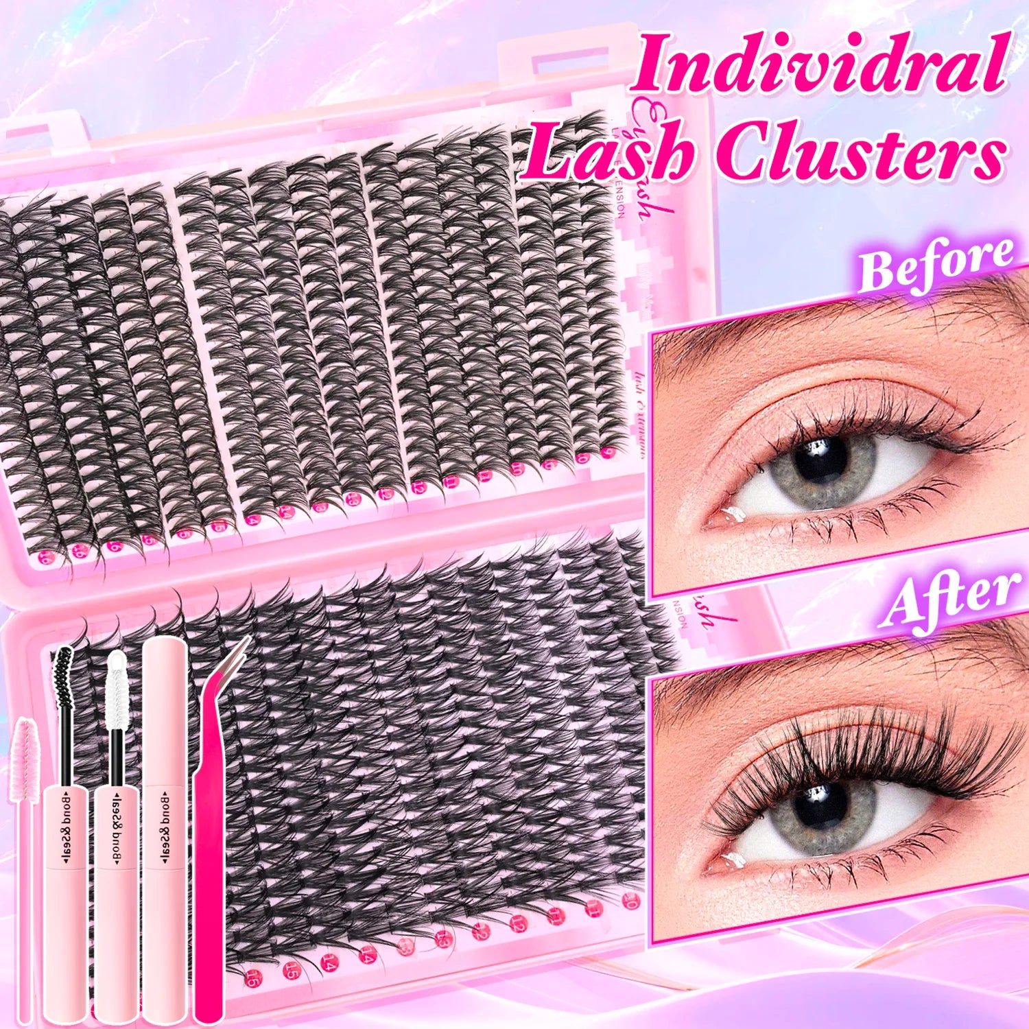 Eyelash Extension Kit with Lash Bond and Seal Lash Tweezers Thick Lash Clusters Wispy