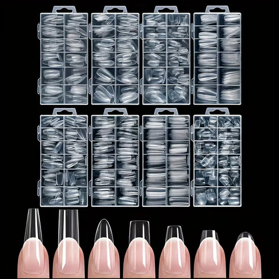 120 PCS Transparent Boxed Press-On Nails – 12 Sizes Full Coverage Acrylic Nail Set