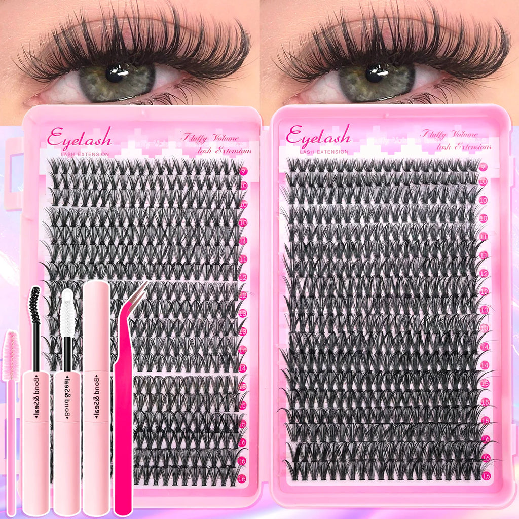 Eyelash Extension Kit with Lash Bond and Seal Lash Tweezers Thick Lash Clusters Wispy