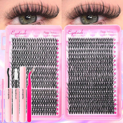 Eyelash Extension Kit with Lash Bond and Seal Lash Tweezers Thick Lash Clusters Wispy